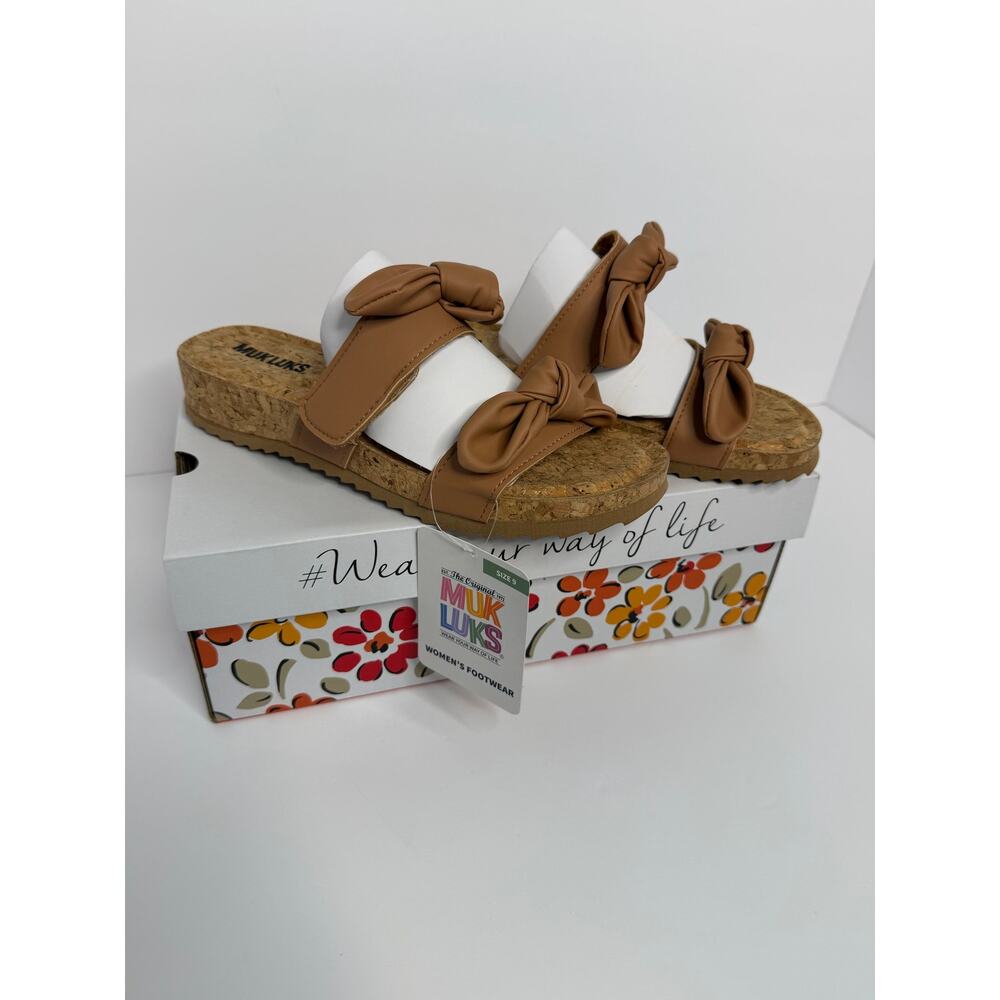 NIB Muk Luks Tan Bow Slide Sandals Size 9 Cork Footbed Platform Slides